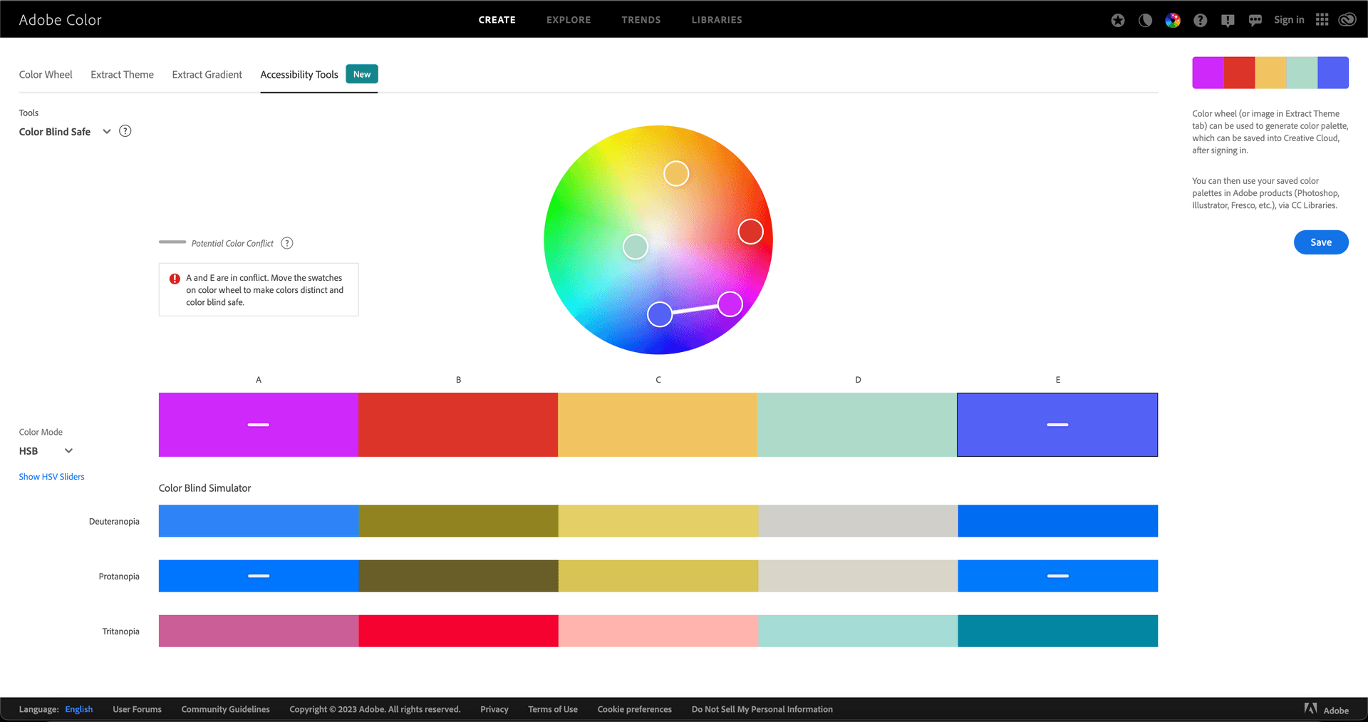 Screenshot of the Adobe Color Blind Safe tool shows that two of the colors the user selected are in conflict for the color blindness known as Protanopia. The Adobe tool looks similar to the WebAIM one, but the palette is oriented sideways, and the colorblindness versions are stacked below it. There is also a color wheel with markers on it for each color in the palette.