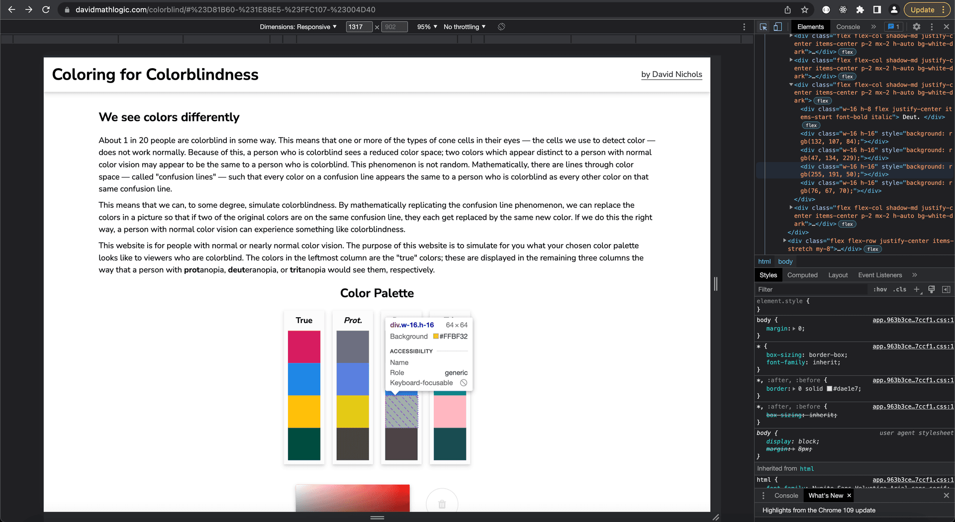 Screenshot of the coloring for colorblindness tool shows a color palette of red, light blue, mustard yellow and dark green squares stacked. Three stacks of squares to the right of it show the colors' different appearances to people with three forms of colorblindness: protanopia, deuteranopia and tritanopia.